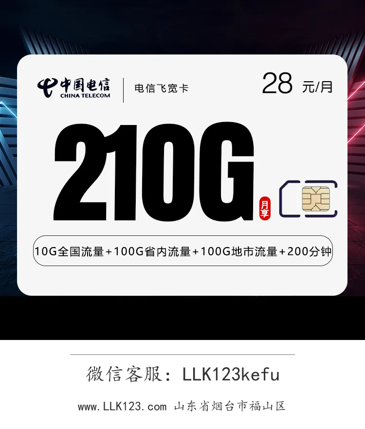 山东省烟台市福山区电信飞宽卡(28元/月,210G+200分钟)-图1 https://img.llk123.com/ka-upload/2225/202601133706112225.webp