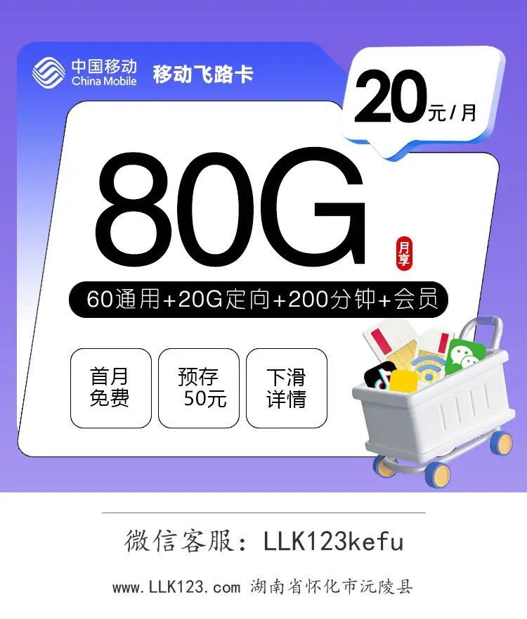 湖南省怀化市沅陵县移动移动飞路卡【20元,60G通用+20G定向+200分钟+会员】-图1 https://img.llk123.com/ka-upload/2444/202602244312222444.webp